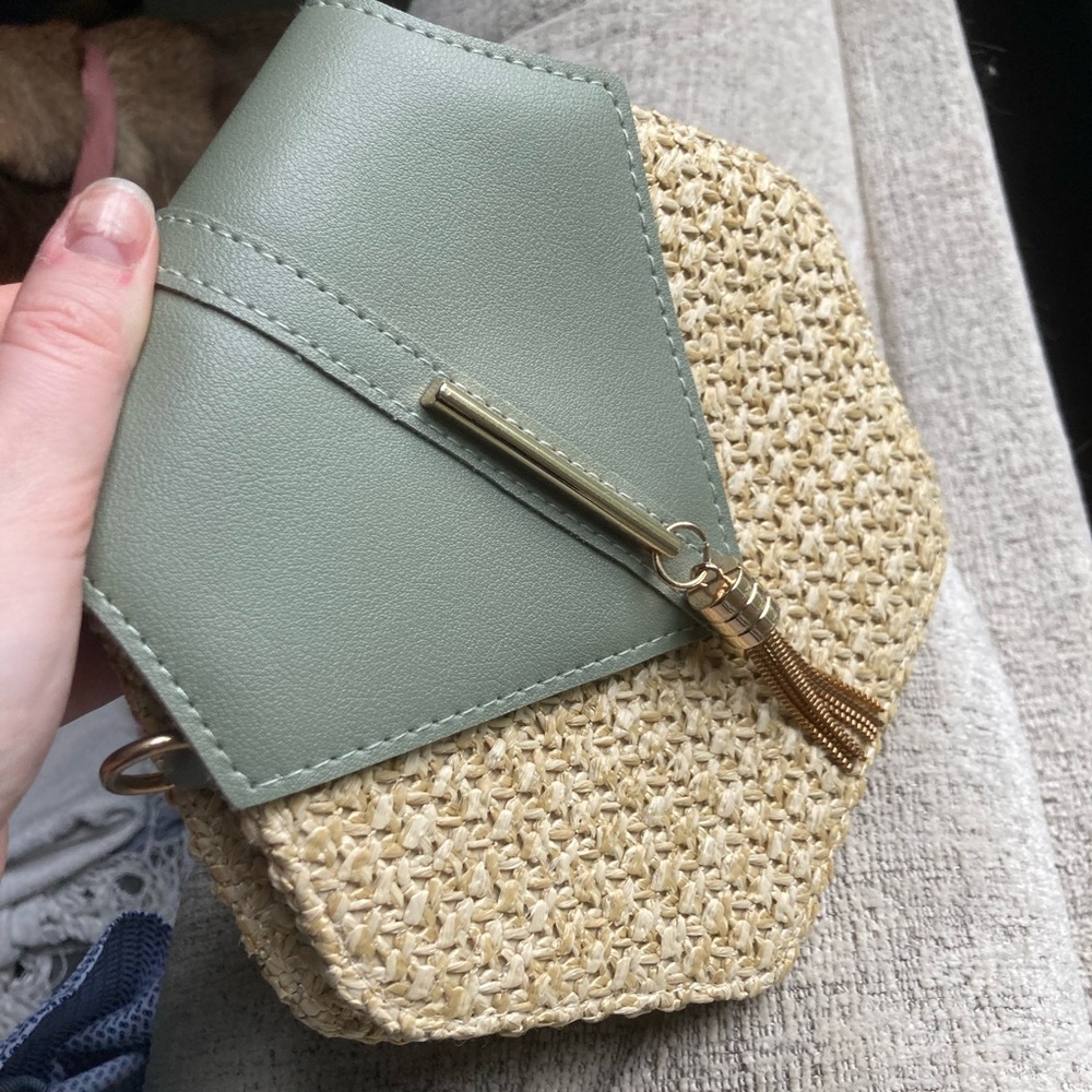 Hexagon crossbody bag — sage green, rattan, gold